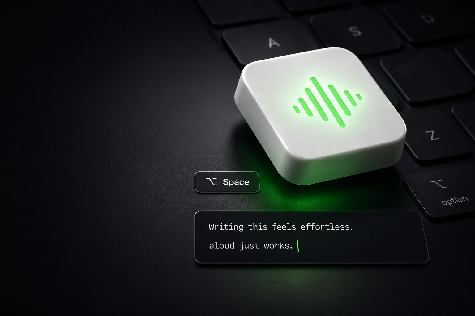 Aloud — hold a key, speak, done